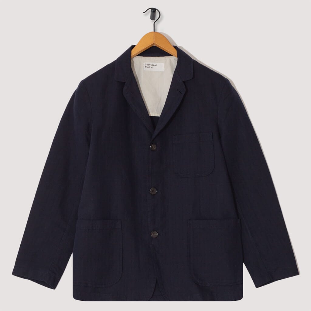 Three Button Jacket - Navy (Herringbone) | Universal Works | Peggs & son.